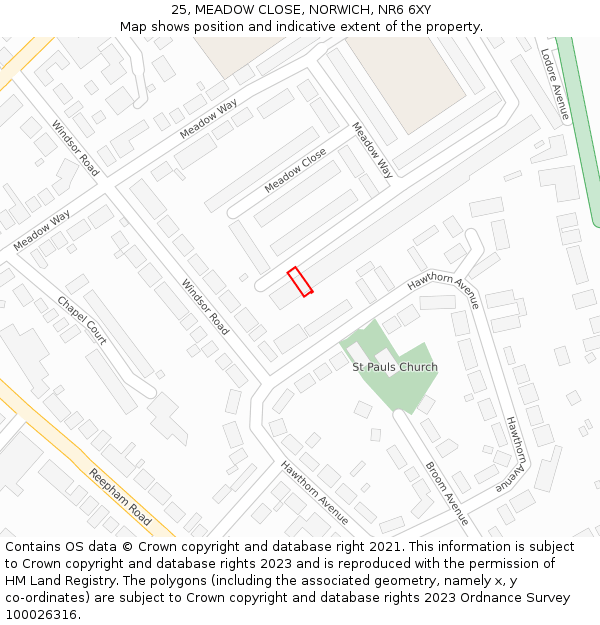 25, MEADOW CLOSE, NORWICH, NR6 6XY: Location map and indicative extent of plot