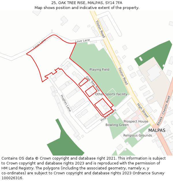 25, OAK TREE RISE, MALPAS, SY14 7FA: Location map and indicative extent of plot