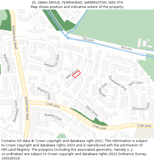 25, OBAN GROVE, FEARNHEAD, WARRINGTON, WA2 0TG: Location map and indicative extent of plot