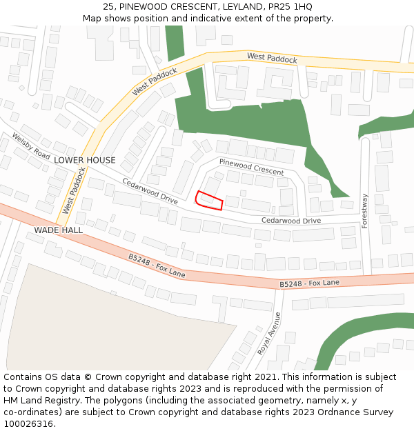 25, PINEWOOD CRESCENT, LEYLAND, PR25 1HQ: Location map and indicative extent of plot