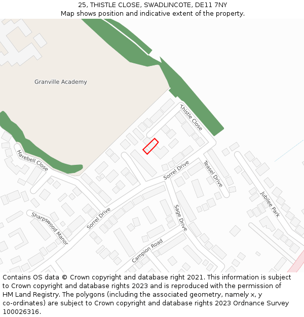 25, THISTLE CLOSE, SWADLINCOTE, DE11 7NY: Location map and indicative extent of plot