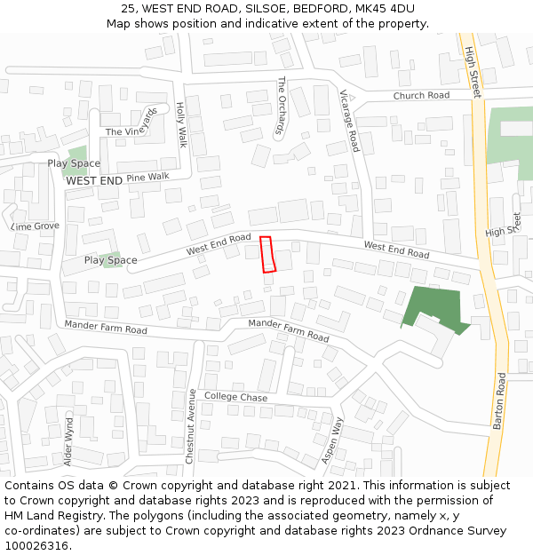 25, WEST END ROAD, SILSOE, BEDFORD, MK45 4DU: Location map and indicative extent of plot