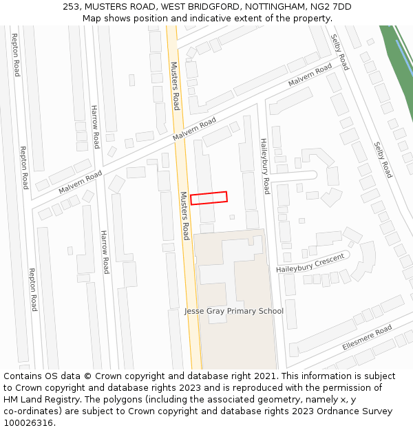 253, MUSTERS ROAD, WEST BRIDGFORD, NOTTINGHAM, NG2 7DD: Location map and indicative extent of plot