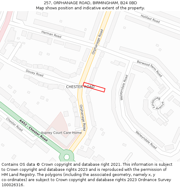 257, ORPHANAGE ROAD, BIRMINGHAM, B24 0BD: Location map and indicative extent of plot