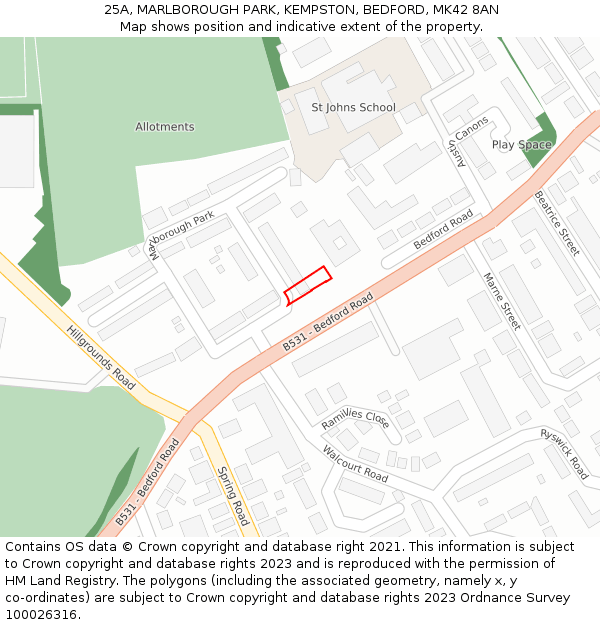 25A, MARLBOROUGH PARK, KEMPSTON, BEDFORD, MK42 8AN: Location map and indicative extent of plot