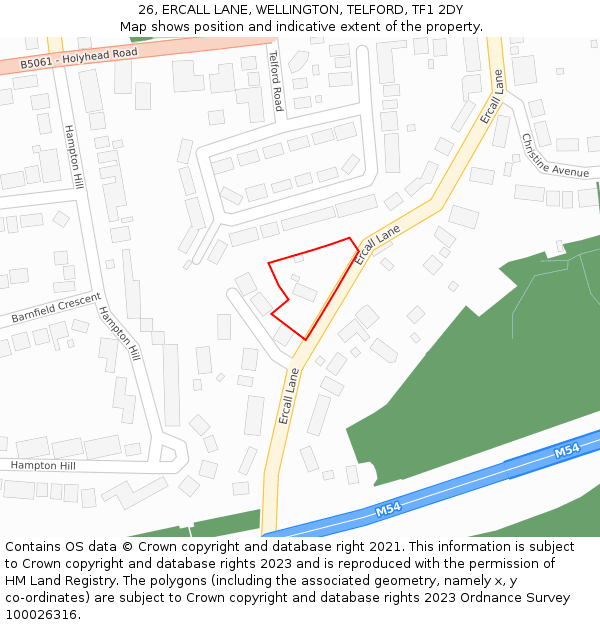 26, ERCALL LANE, WELLINGTON, TELFORD, TF1 2DY: Location map and indicative extent of plot