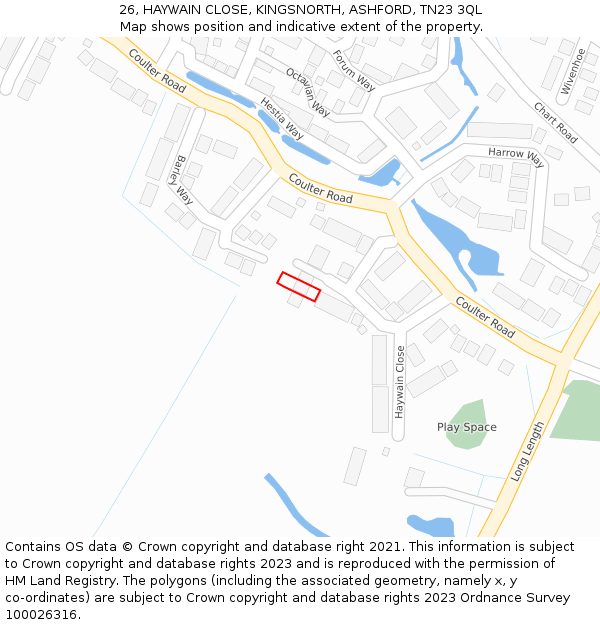 26, HAYWAIN CLOSE, KINGSNORTH, ASHFORD, TN23 3QL: Location map and indicative extent of plot