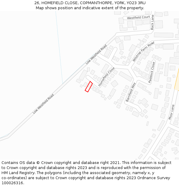 26, HOMEFIELD CLOSE, COPMANTHORPE, YORK, YO23 3RU: Location map and indicative extent of plot