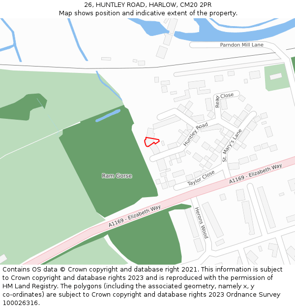 26, HUNTLEY ROAD, HARLOW, CM20 2PR: Location map and indicative extent of plot