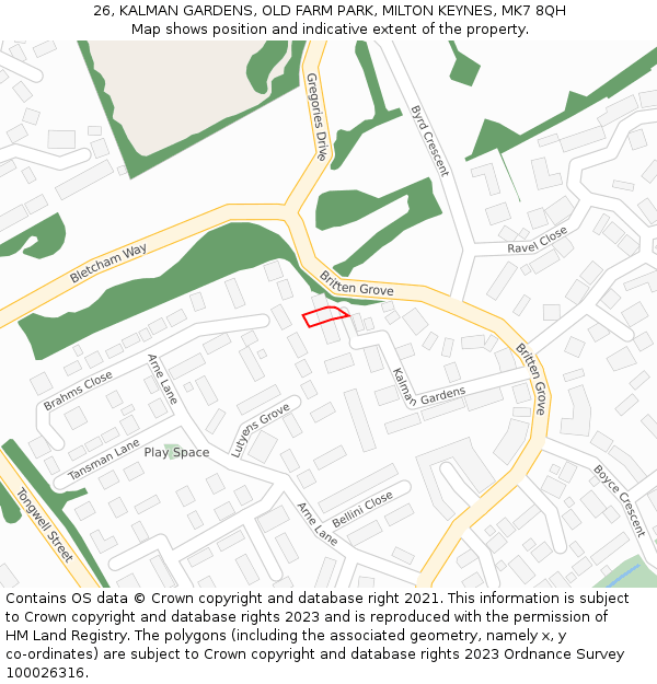 26, KALMAN GARDENS, OLD FARM PARK, MILTON KEYNES, MK7 8QH: Location map and indicative extent of plot