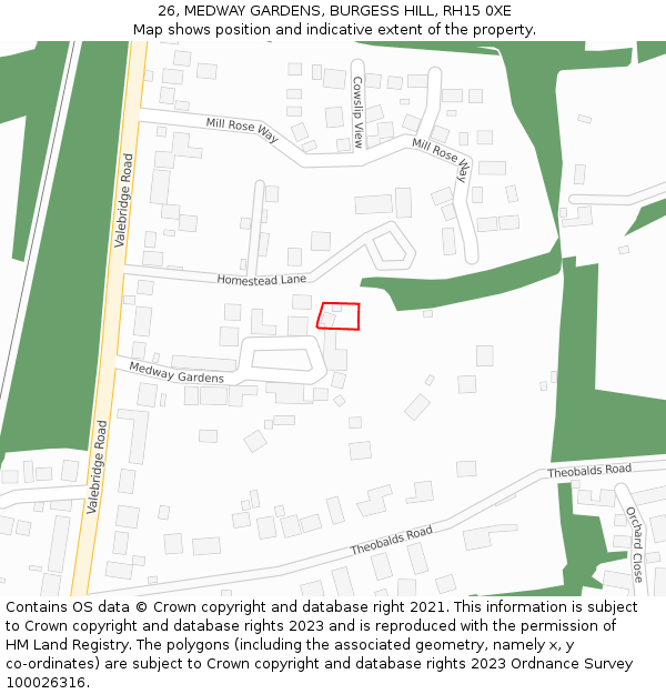 26, MEDWAY GARDENS, BURGESS HILL, RH15 0XE: Location map and indicative extent of plot