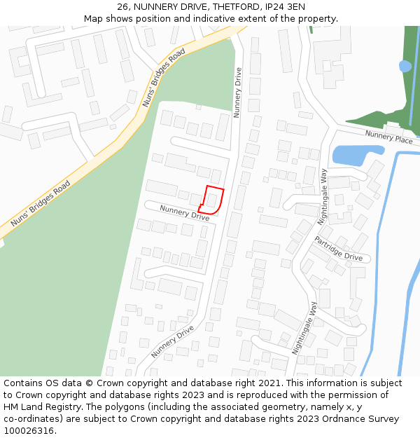 26, NUNNERY DRIVE, THETFORD, IP24 3EN: Location map and indicative extent of plot