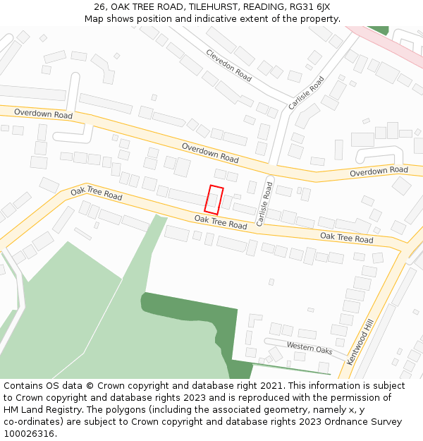 26, OAK TREE ROAD, TILEHURST, READING, RG31 6JX: Location map and indicative extent of plot