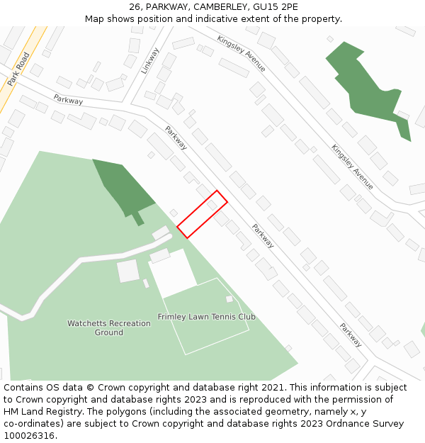 26, PARKWAY, CAMBERLEY, GU15 2PE: Location map and indicative extent of plot