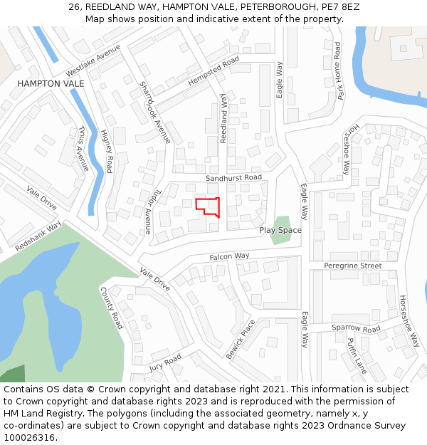 26, REEDLAND WAY, HAMPTON VALE, PETERBOROUGH, PE7 8EZ: Location map and indicative extent of plot