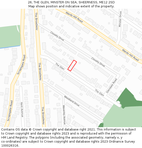 26, THE GLEN, MINSTER ON SEA, SHEERNESS, ME12 2SD: Location map and indicative extent of plot