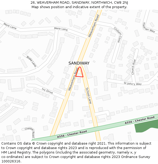 26, WEAVERHAM ROAD, SANDIWAY, NORTHWICH, CW8 2NJ: Location map and indicative extent of plot