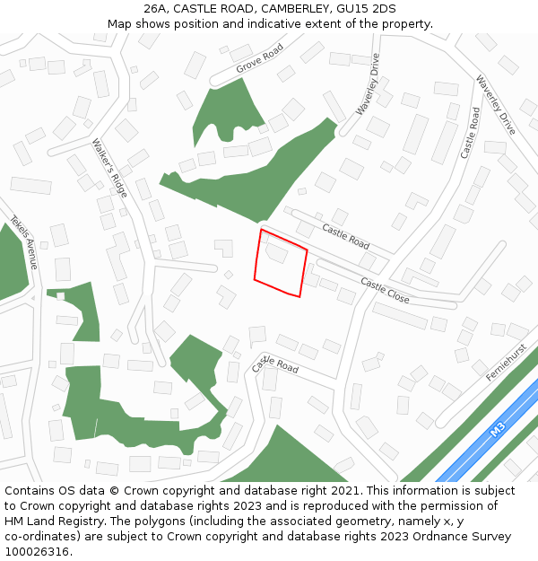 26A, CASTLE ROAD, CAMBERLEY, GU15 2DS: Location map and indicative extent of plot