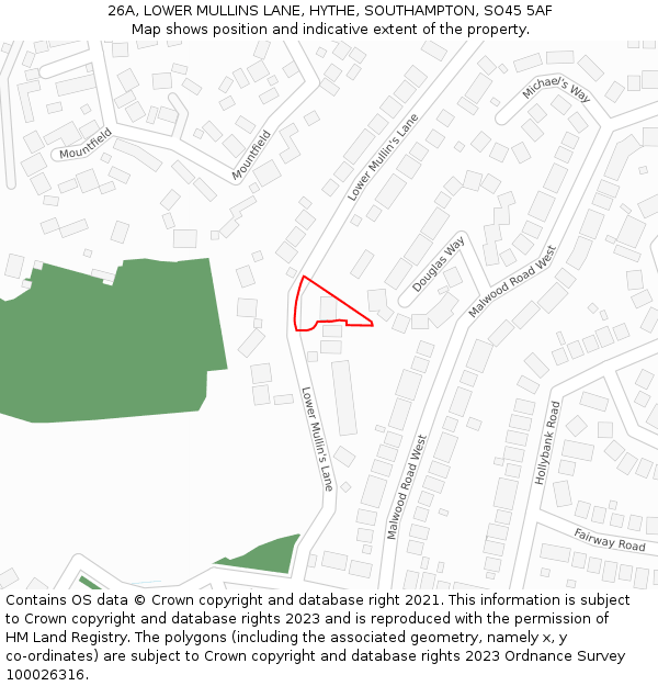 26A, LOWER MULLINS LANE, HYTHE, SOUTHAMPTON, SO45 5AF: Location map and indicative extent of plot