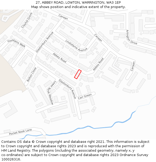 27, ABBEY ROAD, LOWTON, WARRINGTON, WA3 1EP: Location map and indicative extent of plot