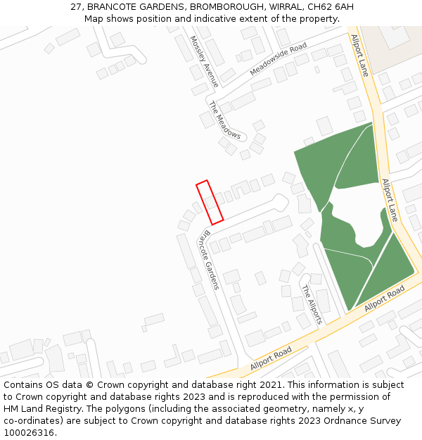 27, BRANCOTE GARDENS, BROMBOROUGH, WIRRAL, CH62 6AH: Location map and indicative extent of plot