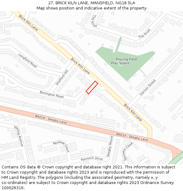 27, BRICK KILN LANE, MANSFIELD, NG18 5LA: Location map and indicative extent of plot