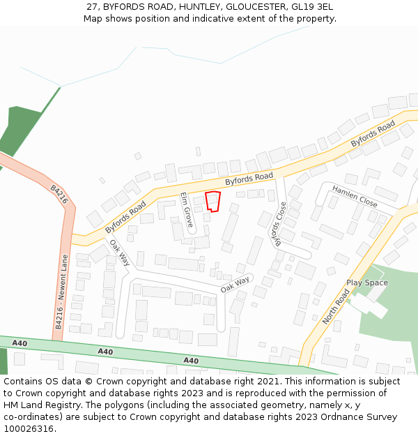 27, BYFORDS ROAD, HUNTLEY, GLOUCESTER, GL19 3EL: Location map and indicative extent of plot