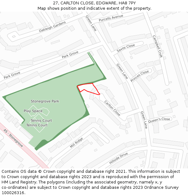 27, CARLTON CLOSE, EDGWARE, HA8 7PY: Location map and indicative extent of plot