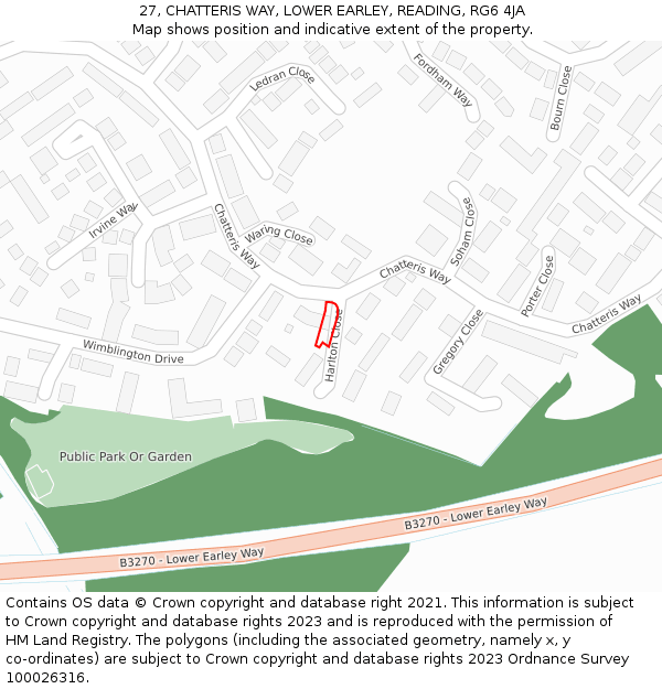 27, CHATTERIS WAY, LOWER EARLEY, READING, RG6 4JA: Location map and indicative extent of plot