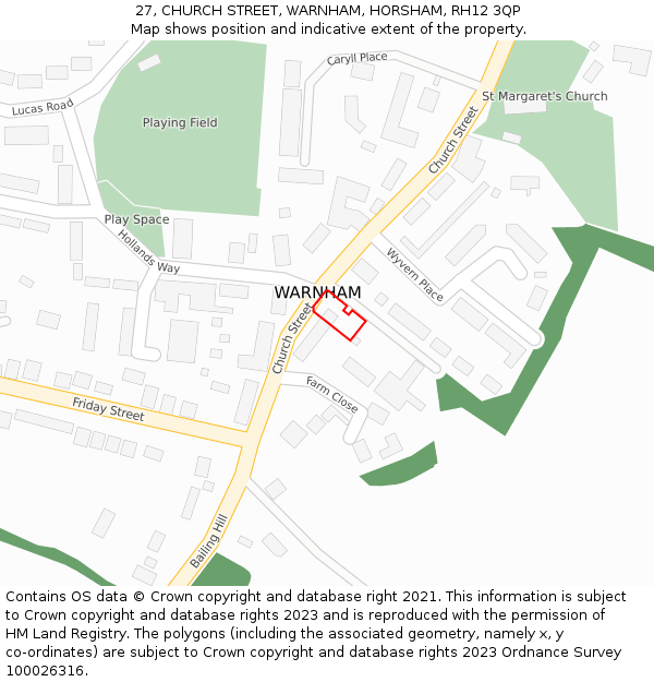 27, CHURCH STREET, WARNHAM, HORSHAM, RH12 3QP: Location map and indicative extent of plot