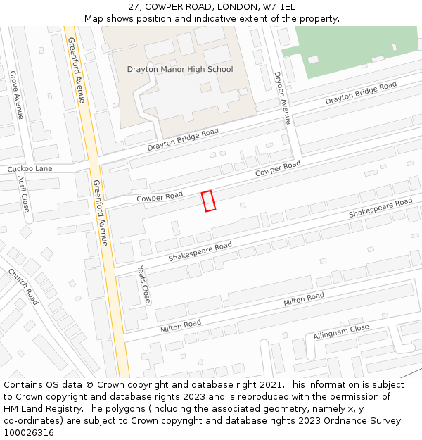 27, COWPER ROAD, LONDON, W7 1EL: Location map and indicative extent of plot