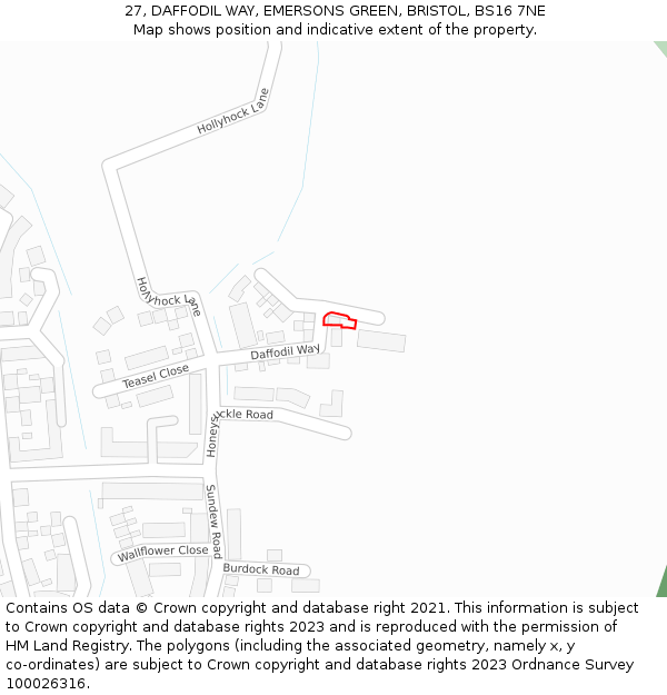 27, DAFFODIL WAY, EMERSONS GREEN, BRISTOL, BS16 7NE: Location map and indicative extent of plot