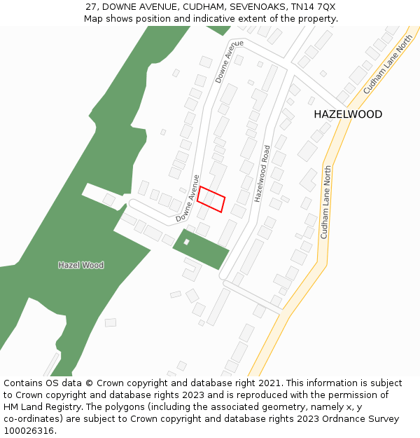 27, DOWNE AVENUE, CUDHAM, SEVENOAKS, TN14 7QX: Location map and indicative extent of plot