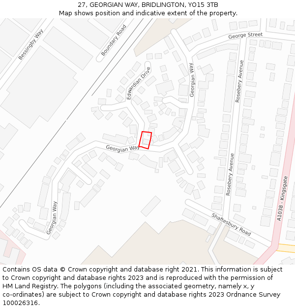 27, GEORGIAN WAY, BRIDLINGTON, YO15 3TB: Location map and indicative extent of plot