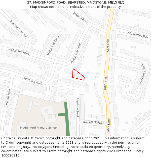 27, MADGINFORD ROAD, BEARSTED, MAIDSTONE, ME15 8LQ: Location map and indicative extent of plot