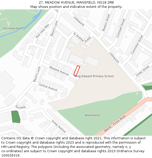 27, MEADOW AVENUE, MANSFIELD, NG18 2RB: Location map and indicative extent of plot