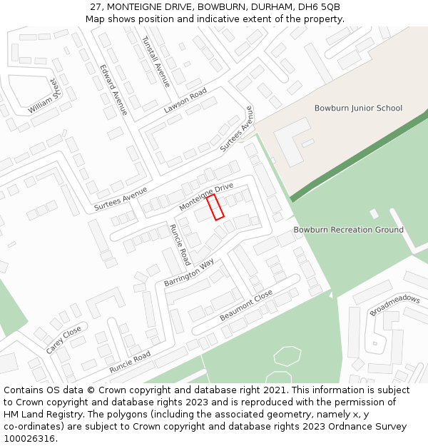 27, MONTEIGNE DRIVE, BOWBURN, DURHAM, DH6 5QB: Location map and indicative extent of plot