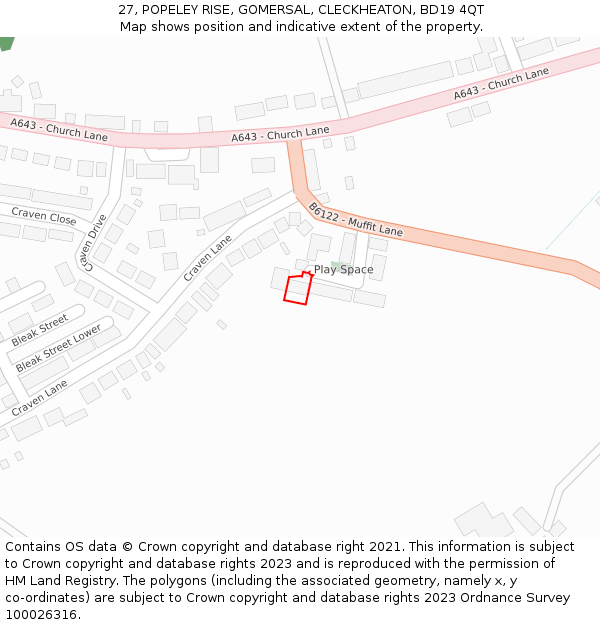 27, POPELEY RISE, GOMERSAL, CLECKHEATON, BD19 4QT: Location map and indicative extent of plot