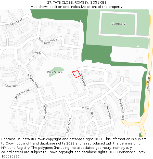 27, TATE CLOSE, ROMSEY, SO51 0BE: Location map and indicative extent of plot