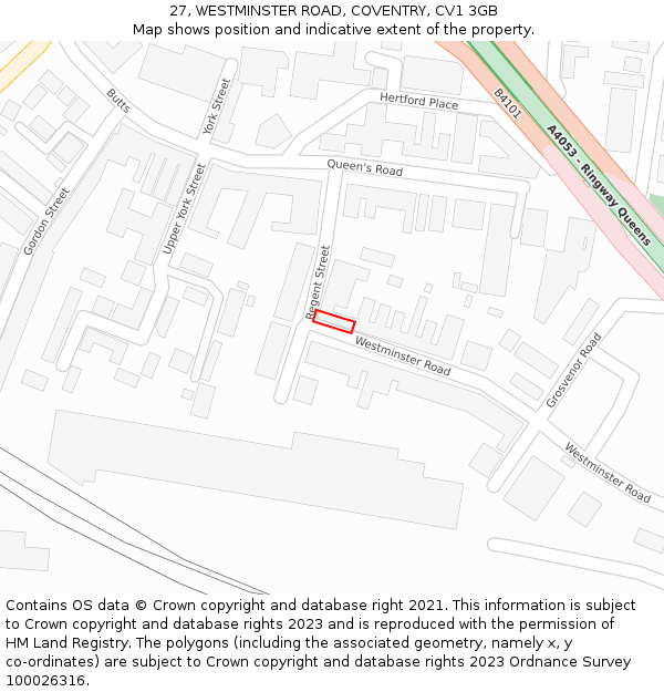 27, WESTMINSTER ROAD, COVENTRY, CV1 3GB: Location map and indicative extent of plot