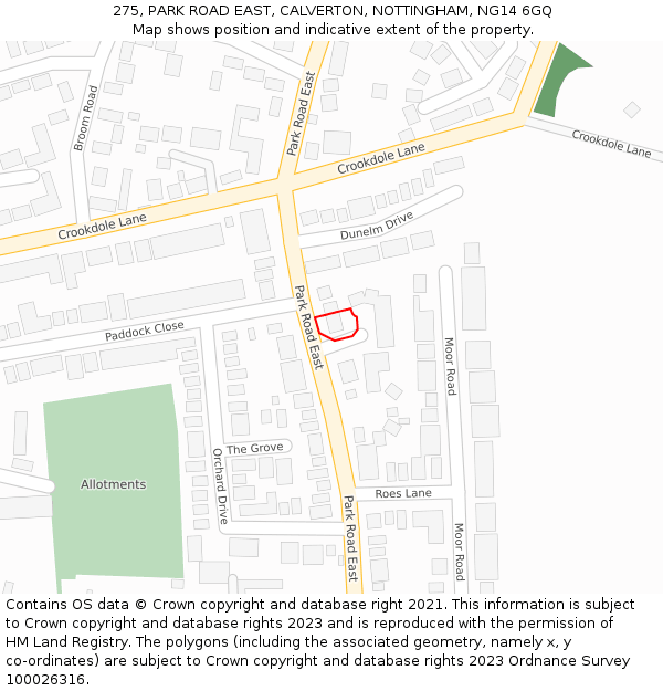 275, PARK ROAD EAST, CALVERTON, NOTTINGHAM, NG14 6GQ: Location map and indicative extent of plot