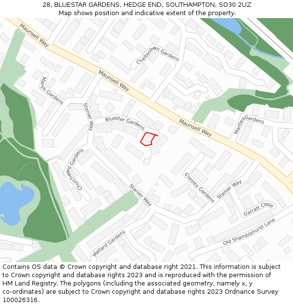 28, BLUESTAR GARDENS, HEDGE END, SOUTHAMPTON, SO30 2UZ: Location map and indicative extent of plot