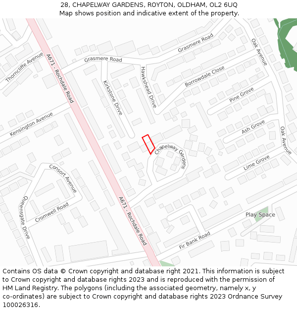 28, CHAPELWAY GARDENS, ROYTON, OLDHAM, OL2 6UQ: Location map and indicative extent of plot