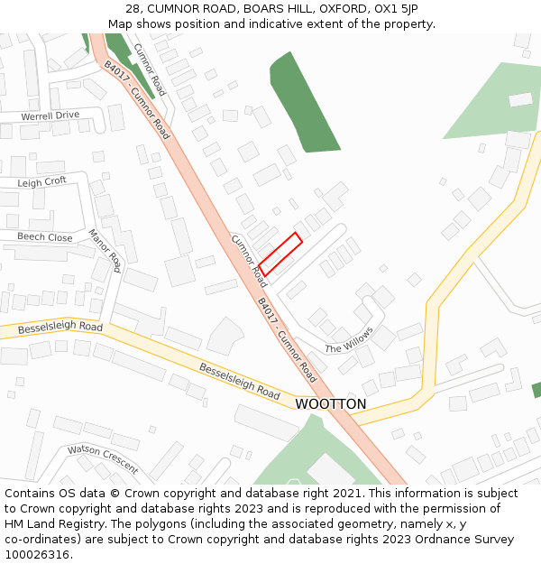 28, CUMNOR ROAD, BOARS HILL, OXFORD, OX1 5JP: Location map and indicative extent of plot