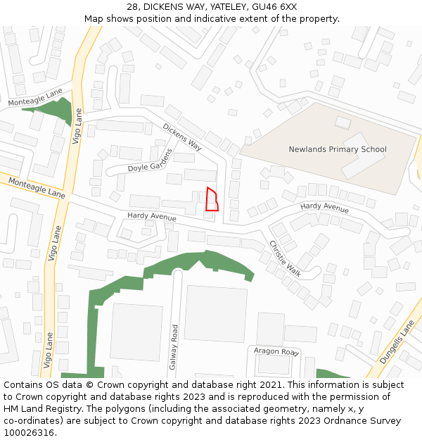 28, DICKENS WAY, YATELEY, GU46 6XX: Location map and indicative extent of plot