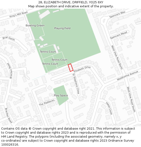 28, ELIZABETH DRIVE, DRIFFIELD, YO25 6XY: Location map and indicative extent of plot