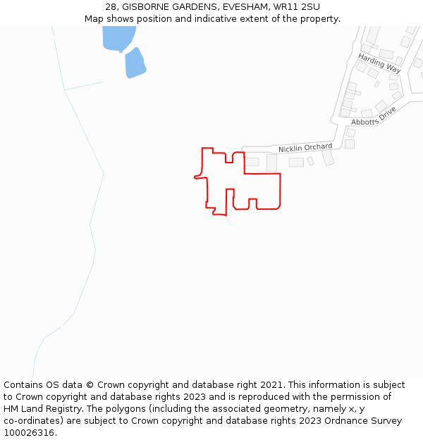 28, GISBORNE GARDENS, EVESHAM, WR11 2SU: Location map and indicative extent of plot