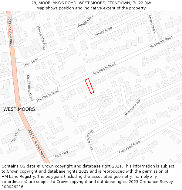 28, MOORLANDS ROAD, WEST MOORS, FERNDOWN, BH22 0JW: Location map and indicative extent of plot