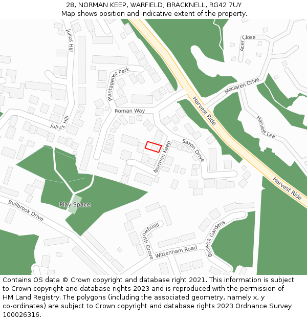 28, NORMAN KEEP, WARFIELD, BRACKNELL, RG42 7UY: Location map and indicative extent of plot