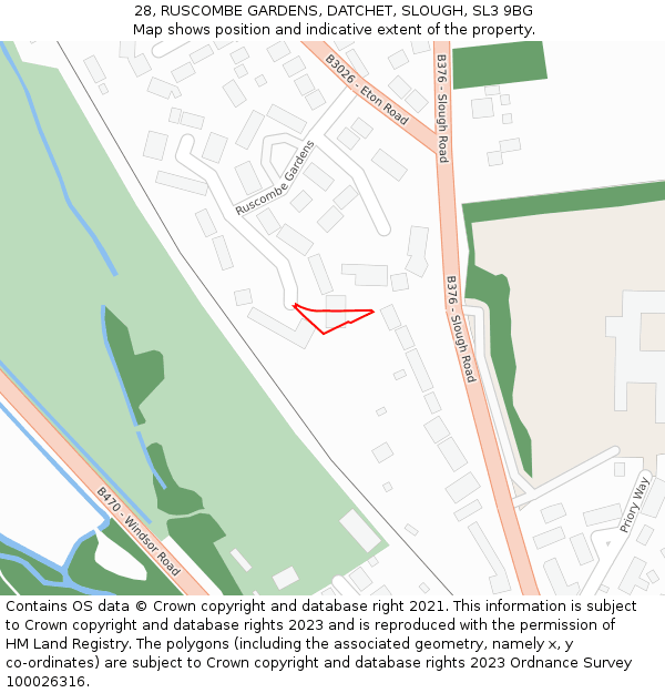 28, RUSCOMBE GARDENS, DATCHET, SLOUGH, SL3 9BG: Location map and indicative extent of plot